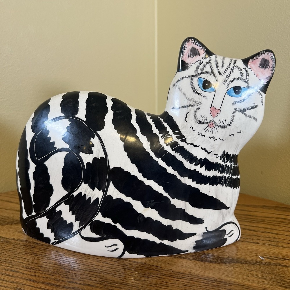 Cat Planter Ceramic Black White Cat Blue Eyes Stripes Succulent Planter Holder
